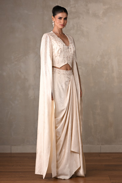 Ethereal Off-White Satin Cape Top & Draped Skirt Set