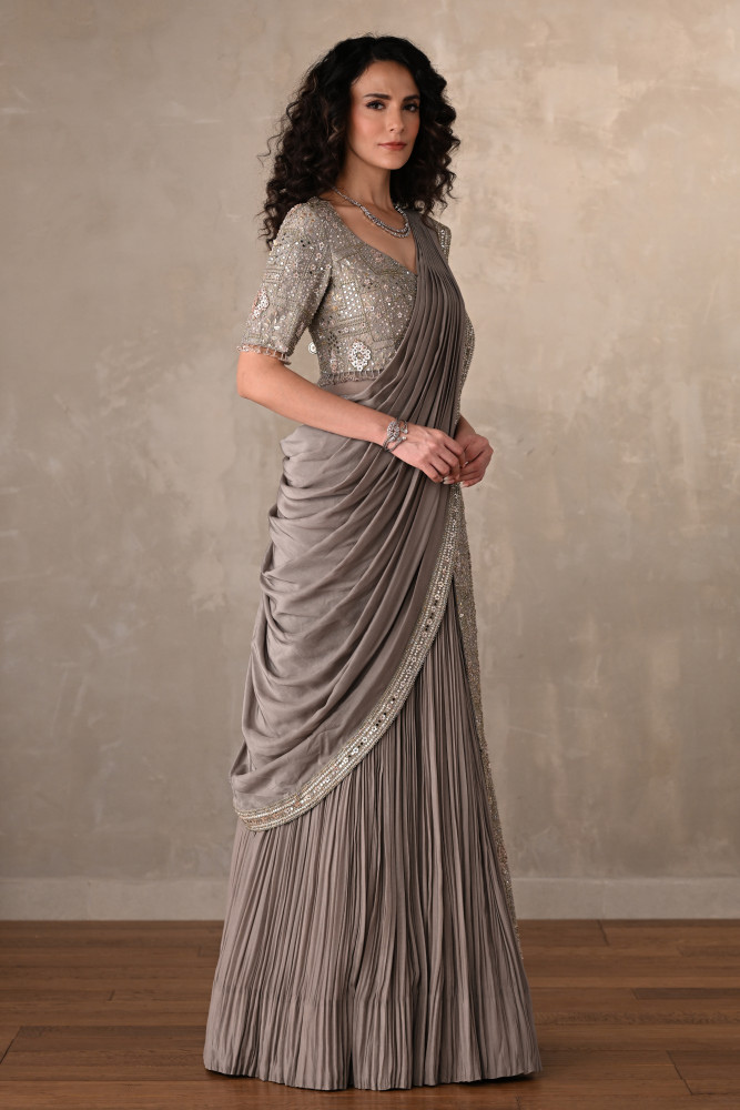 Embroidered Crepe Draped Gown With Pleated Skirt