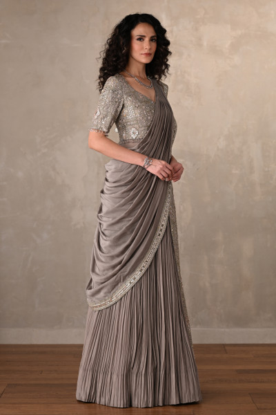 Embroidered Crepe Draped Gown With Pleated Skirt