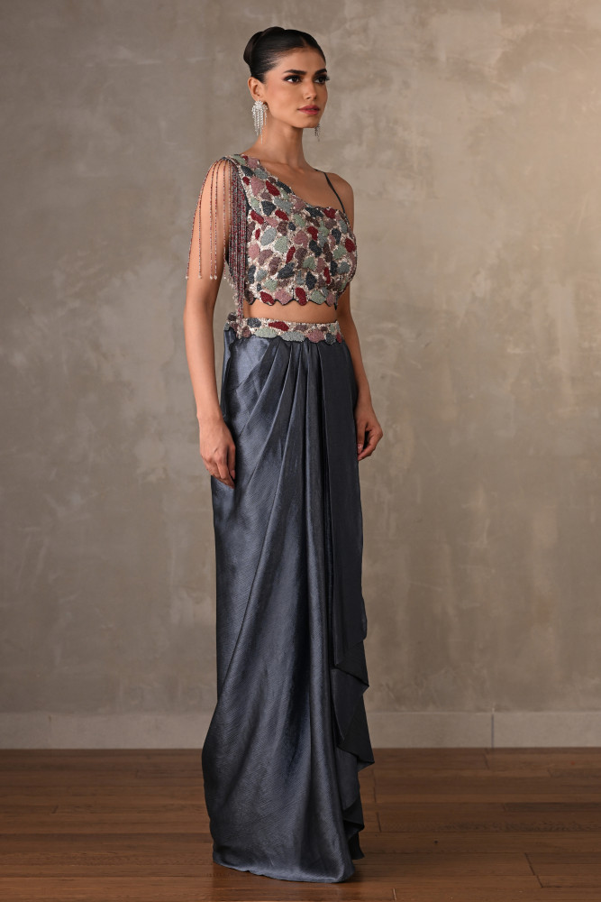 Blue Embellished Asymmetric Satin Co-Ord Set