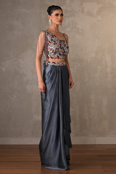 Blue Embellished Asymmetric Satin Co-Ord Set