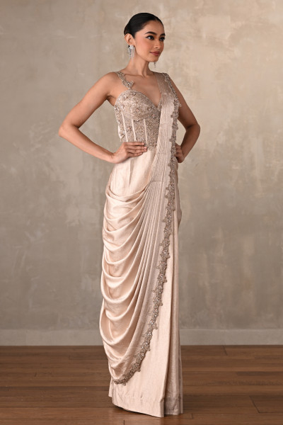 Champagne Gold Satin Draped Gown With Embellished Corset