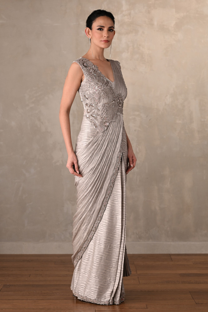 Moonlight Mist Embellished Satin Draped Gown