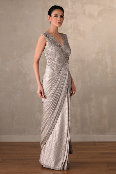Moonlight Mist Embellished Satin Draped Gown