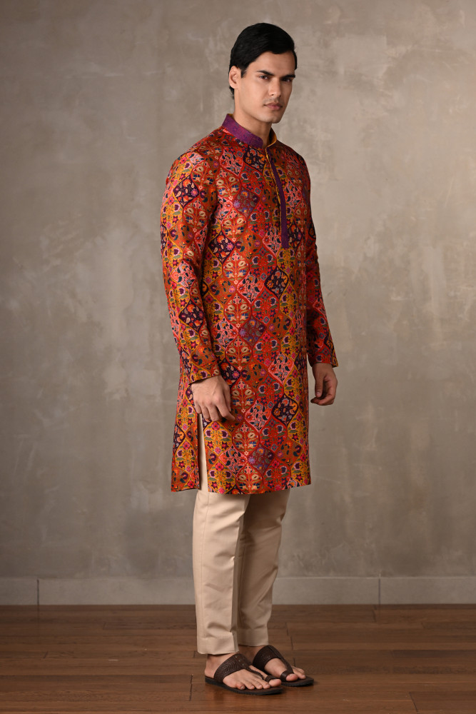 Yellow-Multicolour Festive Mosaic Silk Kurta