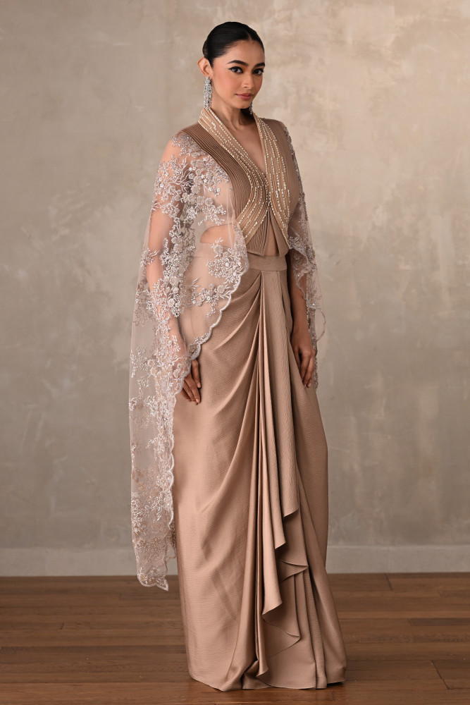 Champagne Satin Draped Skirt with Structured Sheer Cape