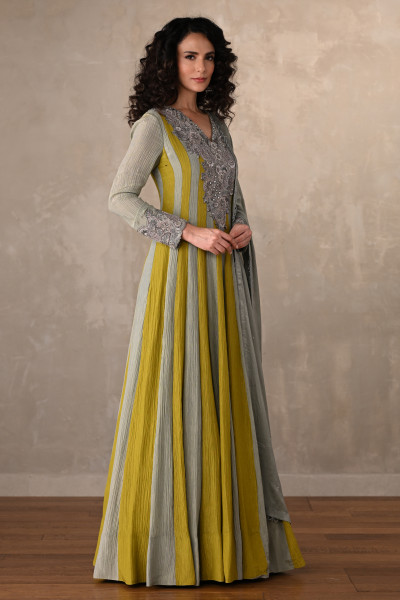 Olive & Sage Striped Organza Crush Anarkali With Silver Embroidery