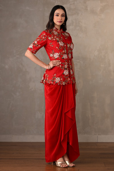 Red Threadwork Peplum Set