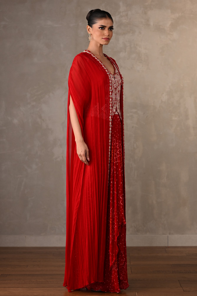 Zardosi Embellished Cape Set With Bandhej Drape Skirt