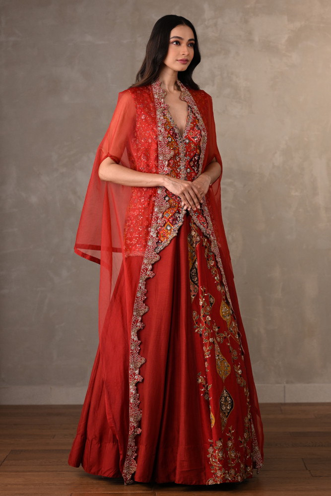 Red Multicolour Threadwork Embroidered Lehenga Set