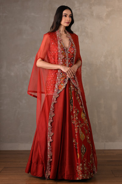 Red Multicolour Threadwork Embroidered Lehenga Set