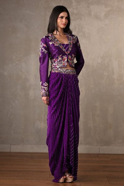 Royal Amethyst Draped Silk Ensemble