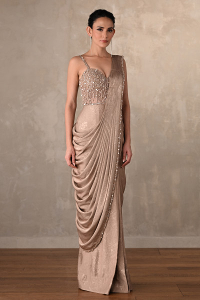 Satin Draped Gown With Embellished Corset