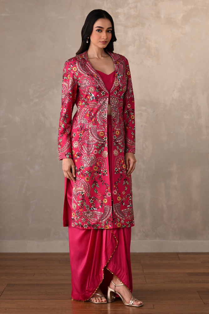 Rani Silk Draped Skirt Set With Embroidered Long Jacket