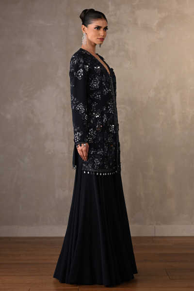 Navy Blue Georgette Embellished Top With Wide-Leg Pants