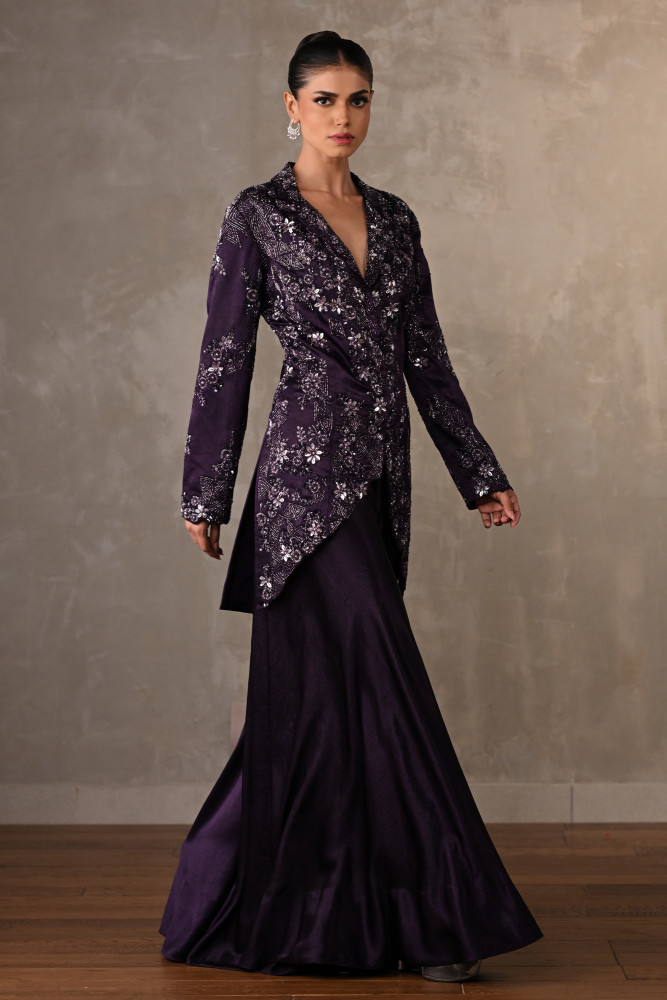 Embroidered Jacket-Sharara Satin Set
