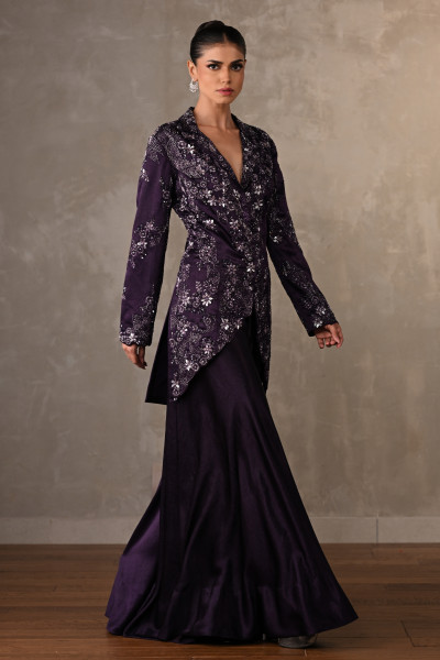 Embroidered Jacket-Sharara Satin Set