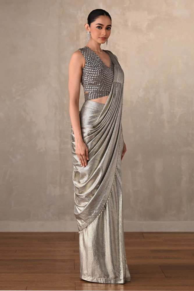 Celestia Silver Lycra Drape Saree