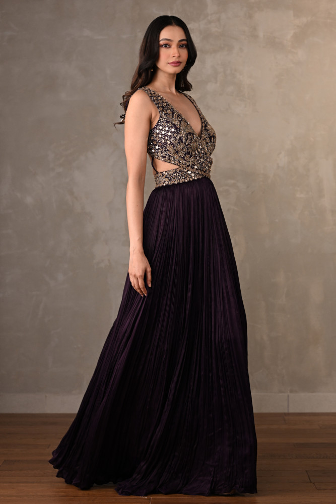 Moss Mirror Embroidered Pleated Gown