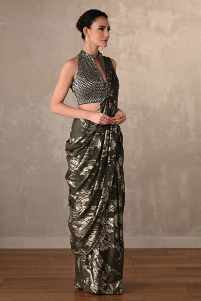 Olive Lustre Foil Drape Saree