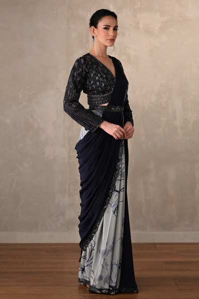 Noir Bloom Belted Crepe Drape Saree