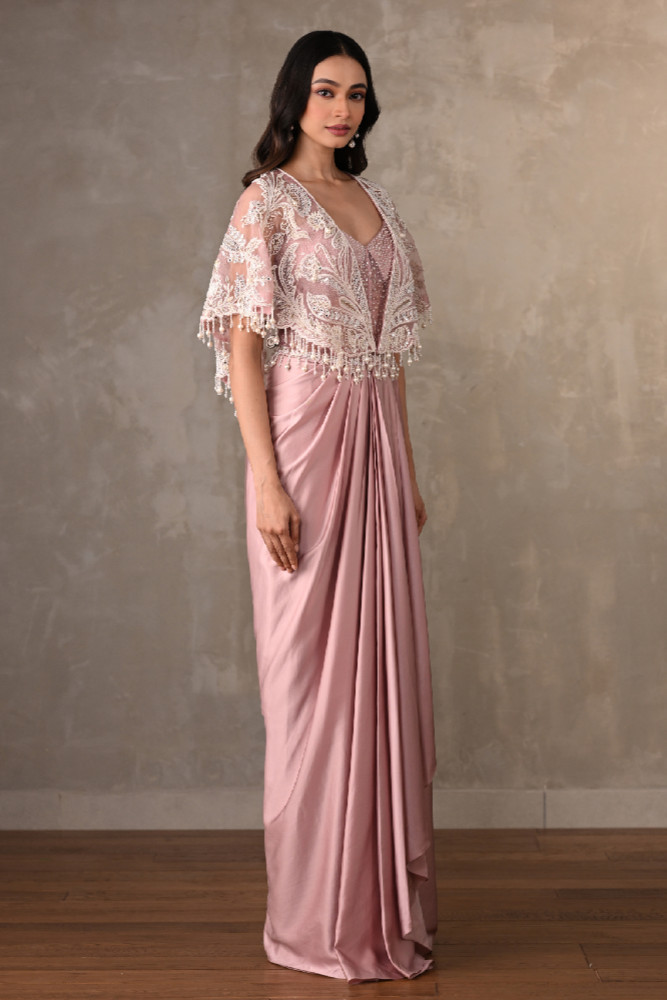Blush Corset-Style Gown With Embroidered Cape