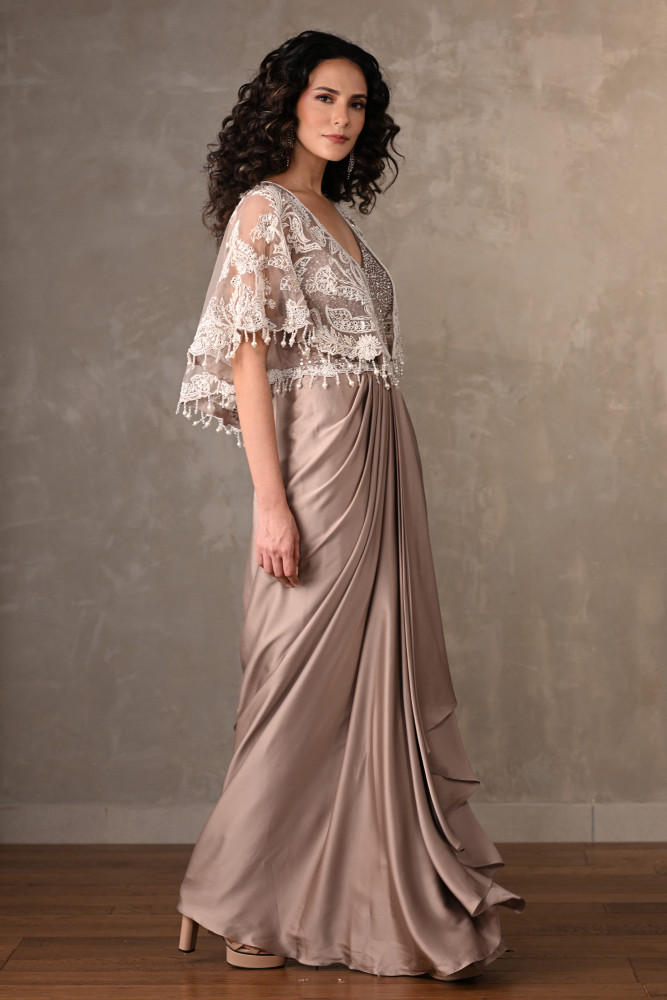 Blush Corset-Style Gown With Embroidered Cape