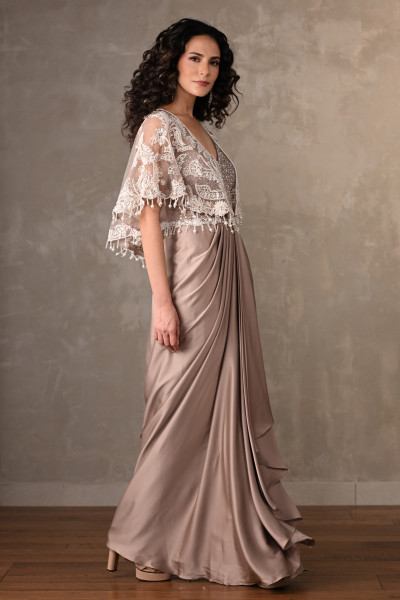 Blush Corset-Style Gown With Embroidered Cape