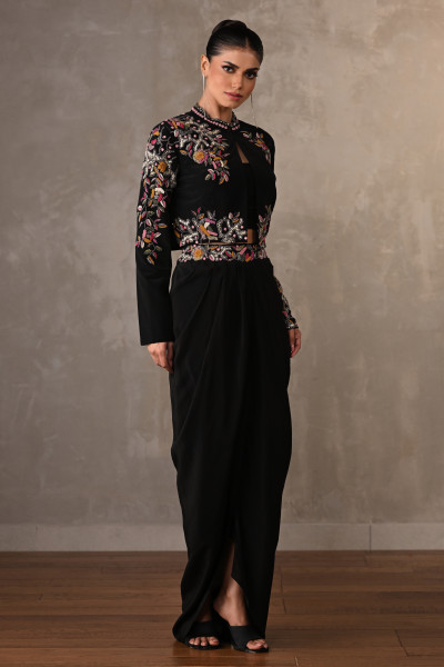 Noir Bloom Embellished Crepe Draped Skirt Set