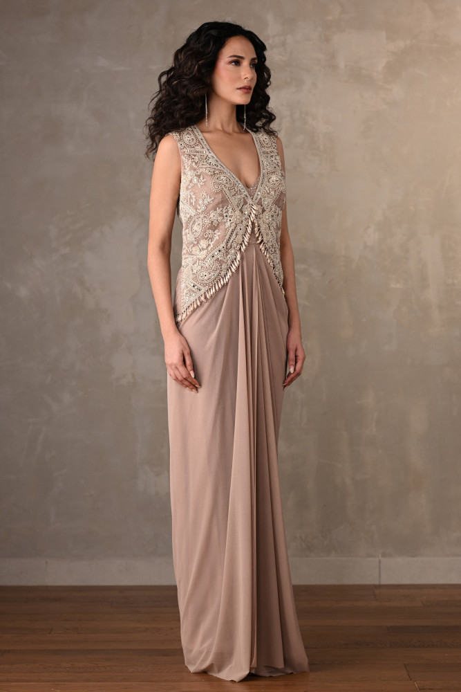 Beige Embellished Gown With Short Jacket