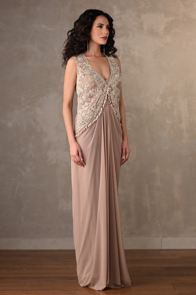 Beige Embellished Gown With Short Jacket
