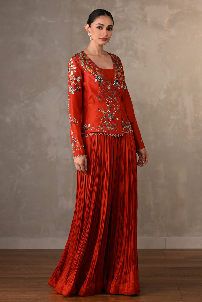 Brick Red Bloom Embellished Jacket With Pleated Pants
