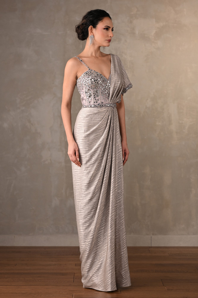 Satin Silver Saree Gown
