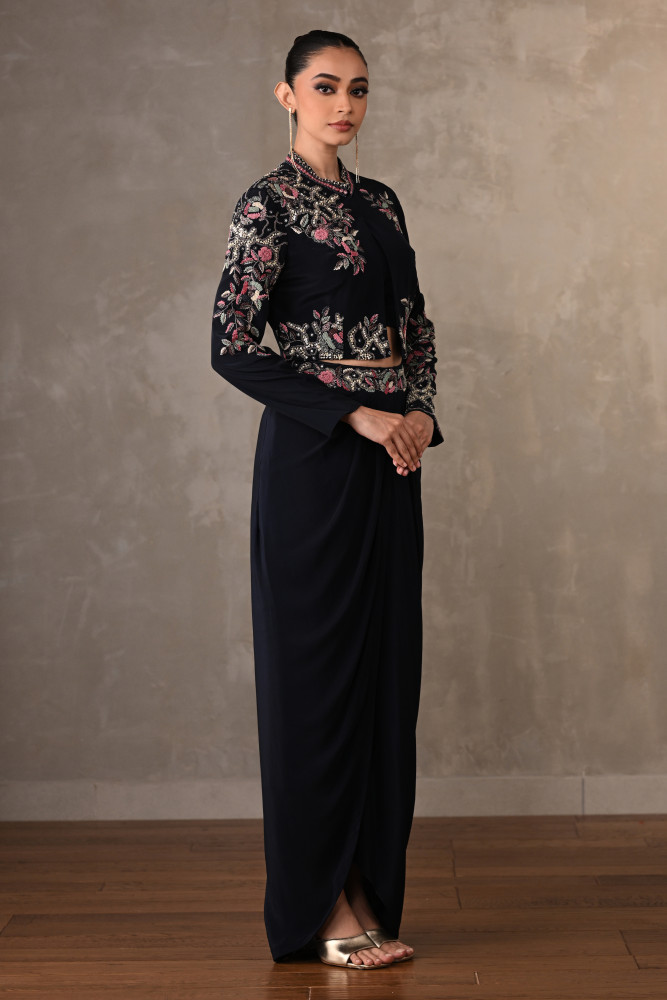 Noir Bloom Embellished Crepe Draped Skirt Set