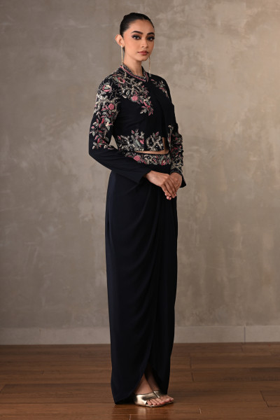 Noir Bloom Embellished Crepe Draped Skirt Set