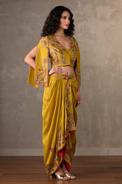 Mustard Marigold Embellished Silk Cropped Jacket Set