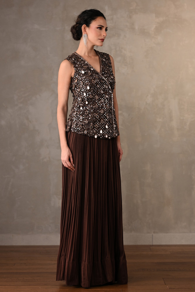 Mocha Radiance Mirror Work Crepe Top With Pleated Pants