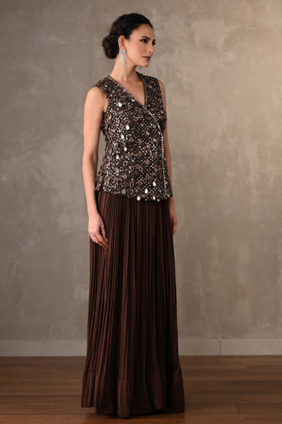 Mocha Radiance Mirror Work Crepe Top With Pleated Pants