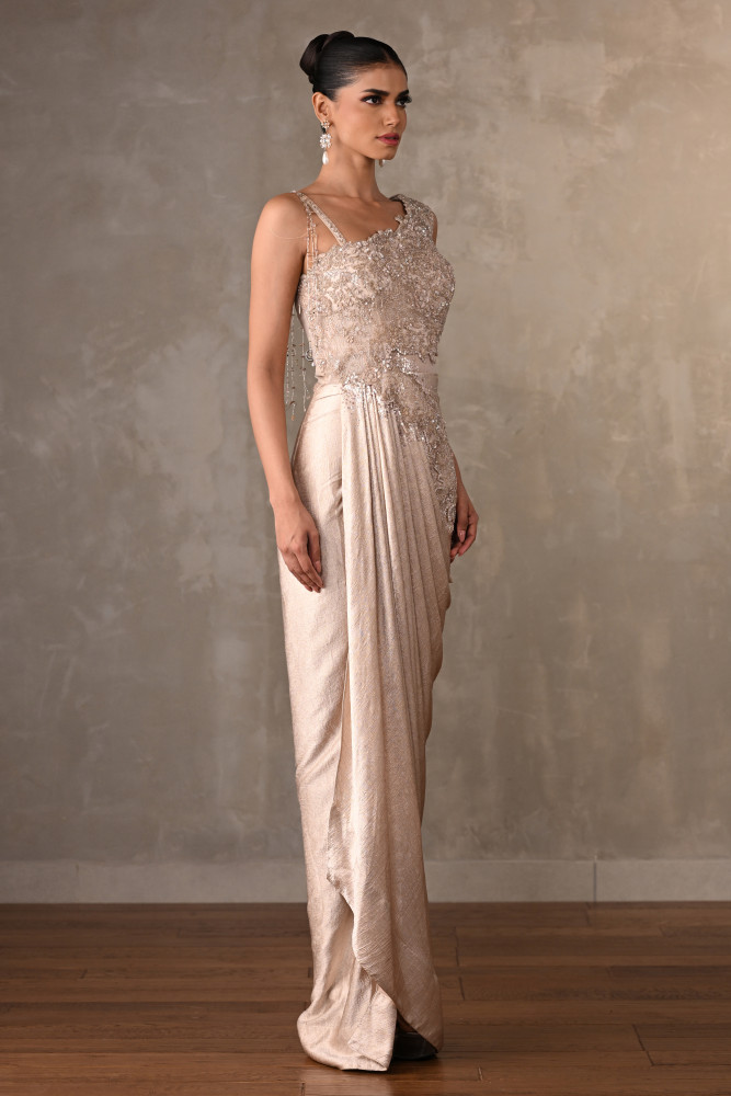 Embellished Satin Drape Gown With Pearl Detailing