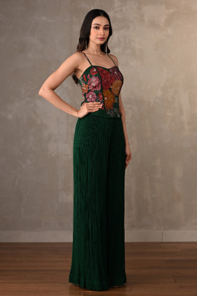 Emerald Bloom Printed Top With Pleated Georgette Pants
