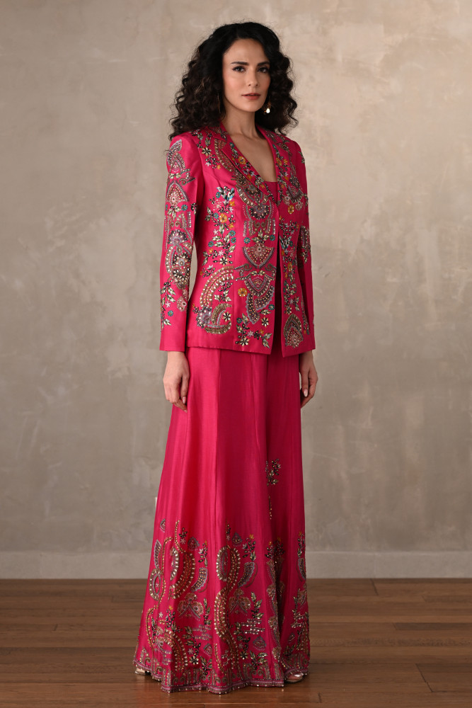 Rani Silk Jacket And Sharara Set With Intricate Embroidery