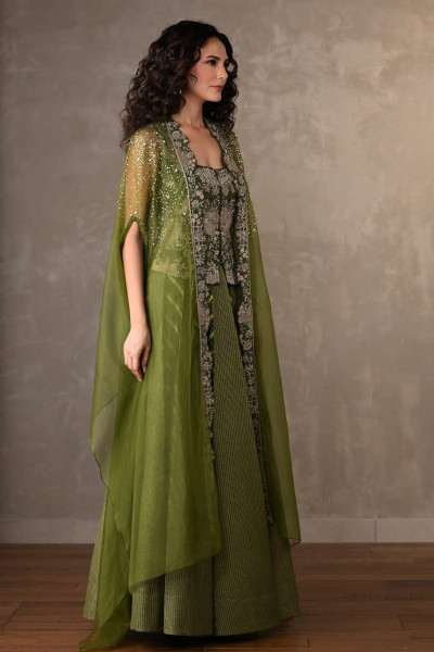 Green Regal Brocade Cape Lehenga Set