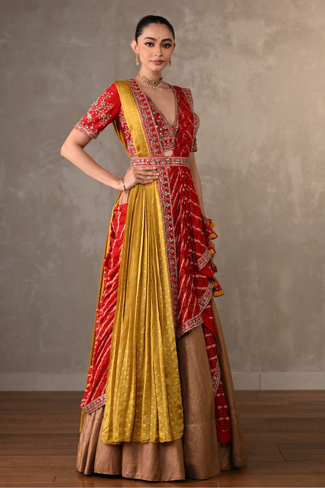 Golden Banarasi Lehenga Set With Double Dupatta
