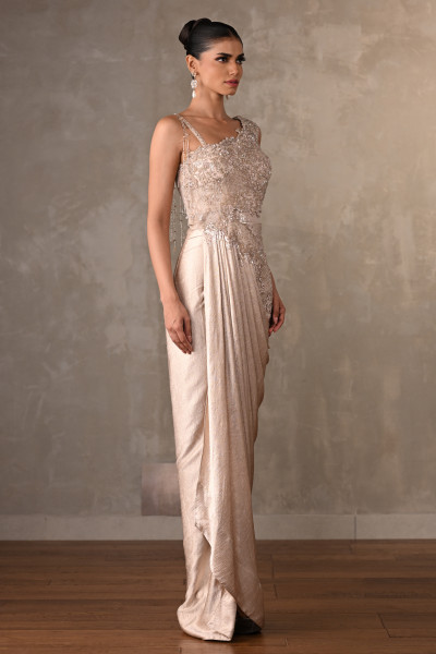 Embellished Satin Drape Gown With Pearl Detailing