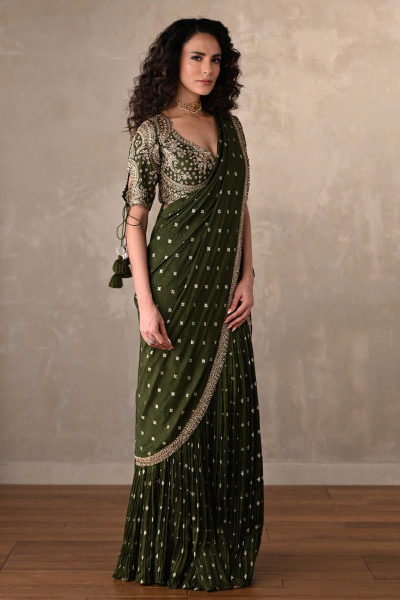 Olive Zari Tassel Drape Saree