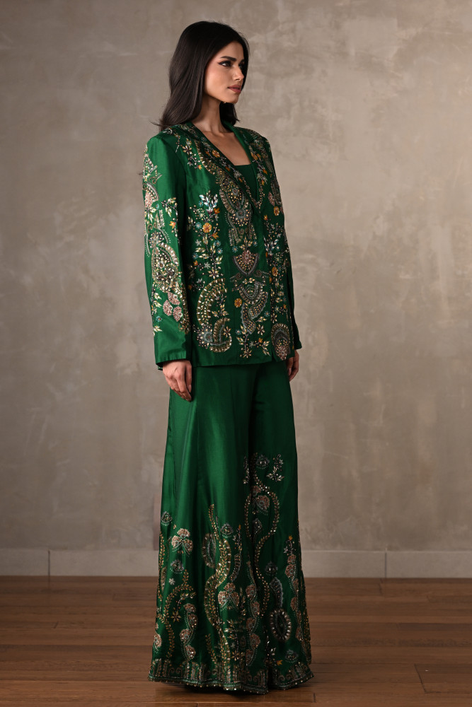 Green Silk Jacket And Sharara Set With Intricate Embroidery