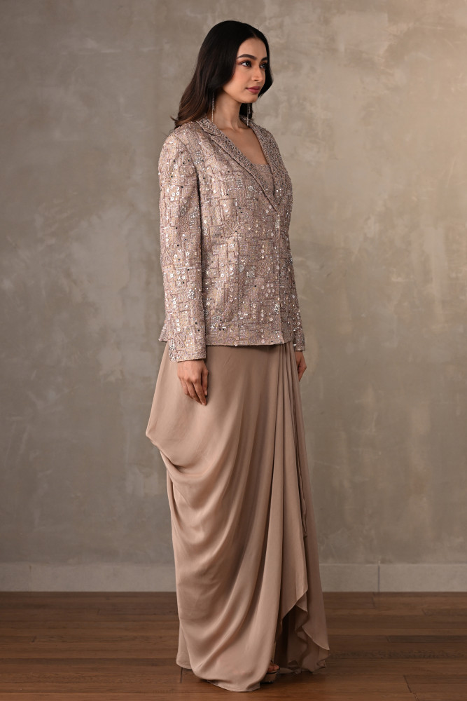 Champagne Mirror Work Jacket Set With Draped Skirt