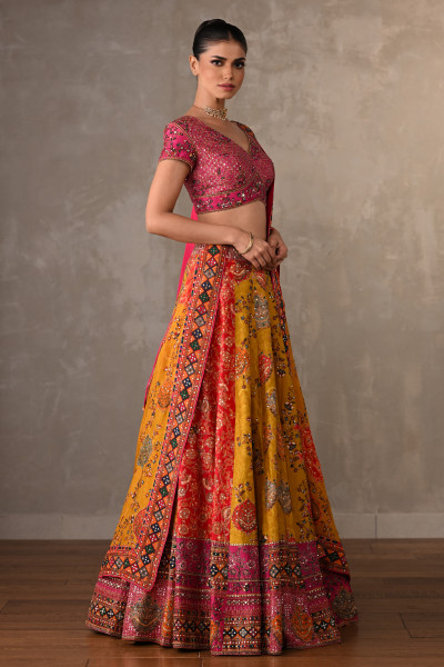 Multicolour Panelled Silk Embroidered Lehenga Set