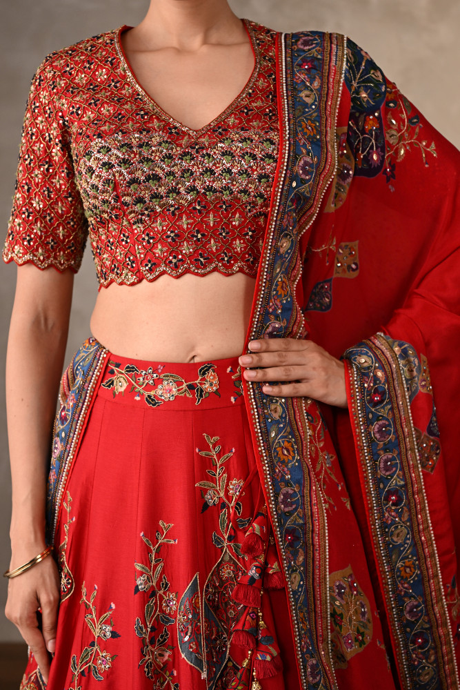 Red Silk Lehenga Set With Thread & Pearl Work