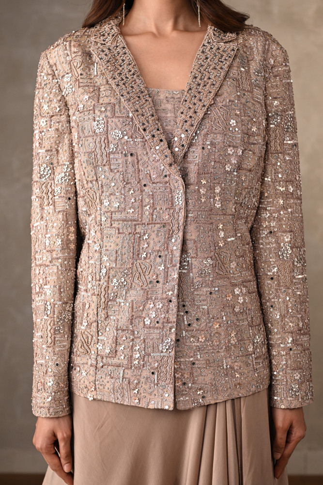 Champagne Mirror Work Jacket Set With Draped Skirt